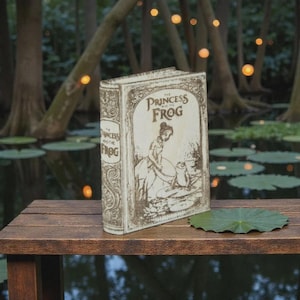 May include: A decorative book with the title "The Princess and the Frog" on the cover. The book is beige with a sepia-toned illustration of a princess and a frog. The book is on a wooden surface with a lily pad.