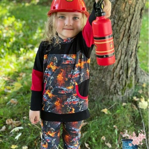 Versatile model for children. Hoodie with front pocket. Firefighter design