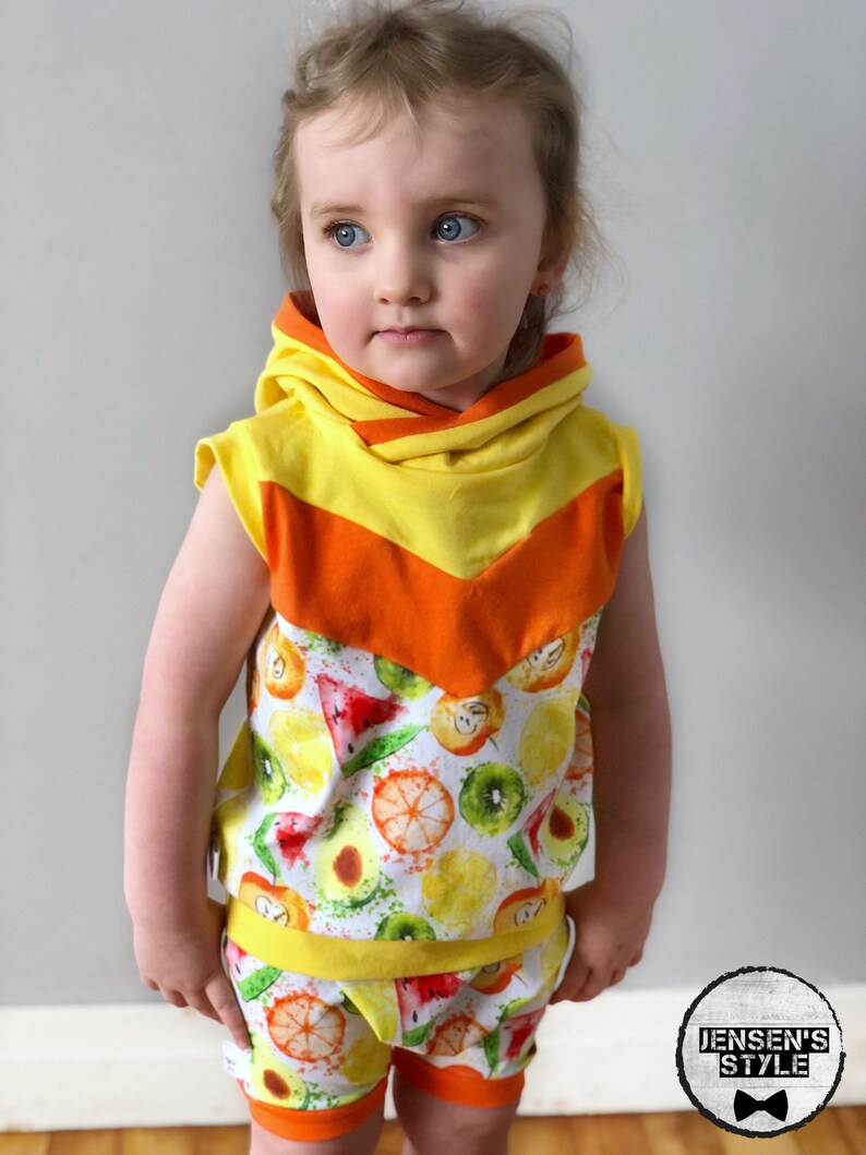 Orange Grow with me short harem Choose your color band with watercolor fruits green or Yellow.