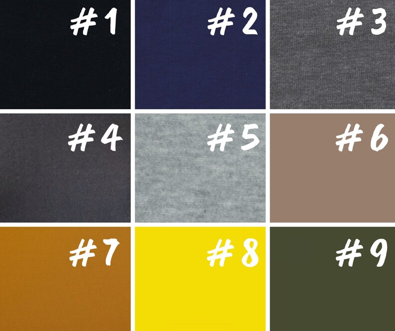 May include: Nine fabric swatches in different colors and textures. The swatches are numbered 1 through 9. The colors are black, navy blue, gray, dark gray, light gray, beige, orange, yellow, and green.