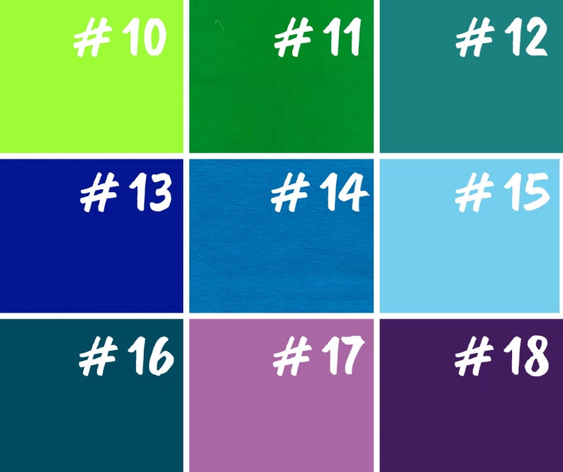 May include: A color chart with nine squares, each with a different color. The squares are numbered 10 through 18.