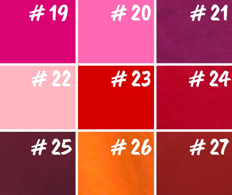 May include: Nine color swatches, numbered 19 through 27, showing various shades of pink, red, and orange.