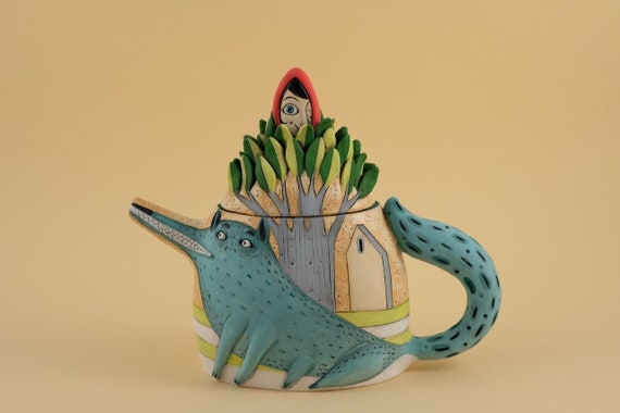 Ceramic Teapot - Clay Teapot - Handmade Ceramics - Red Riding Hood - Unique Teapot - Kitchen Decor - Garden Decor - Unique Gift