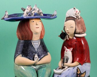 Ceramic Sculpture - Portrait - Cat Woman&Lady with Pigeons - Ceramic Statuette - Unique Gift - Home Decor