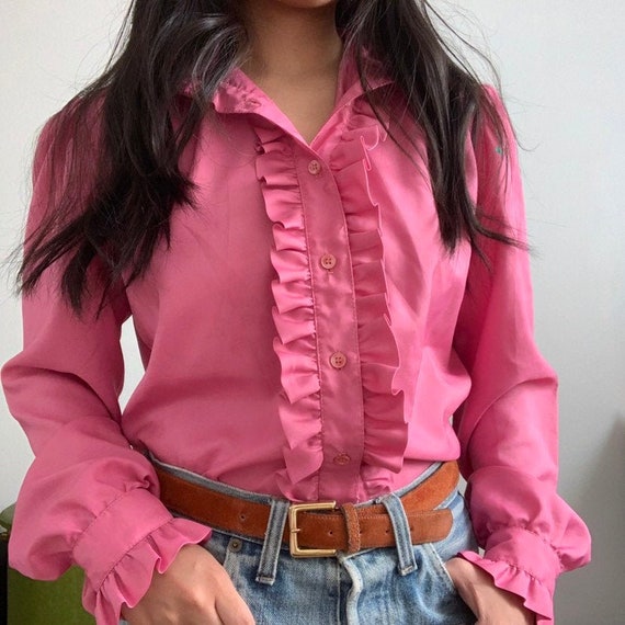 Vintage 70s Lanz pink ruffle button up blouse, lon