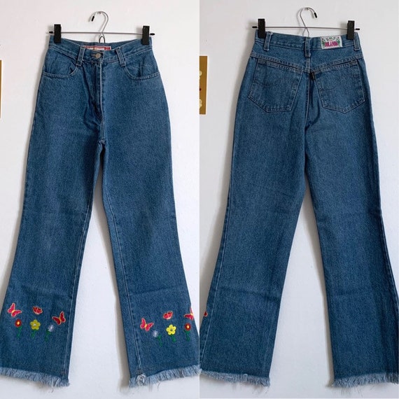 Vintage embroidered flare jeans, medium blue wash,