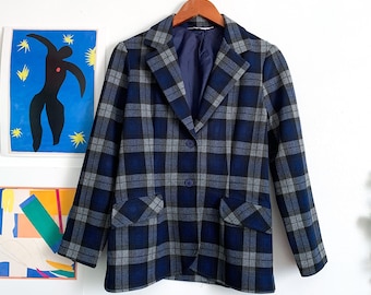 Blazer Feminino Casual Noched England Style Plaid Blue Pockets Regular Blazers Women Suit Jacket Plus Size 1107 Blue S