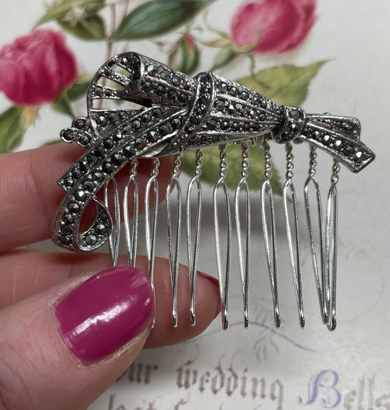 Hair Bow, Vintage Marcasite Hair Comb, Up Cycled … - image 1