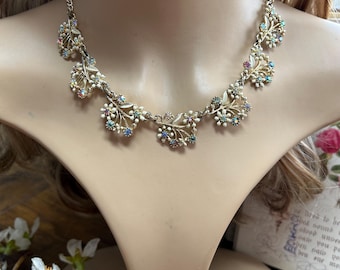Vintage Floral Collar Necklace, Gold Tone, Aurora Borealis Crystal Imperfect