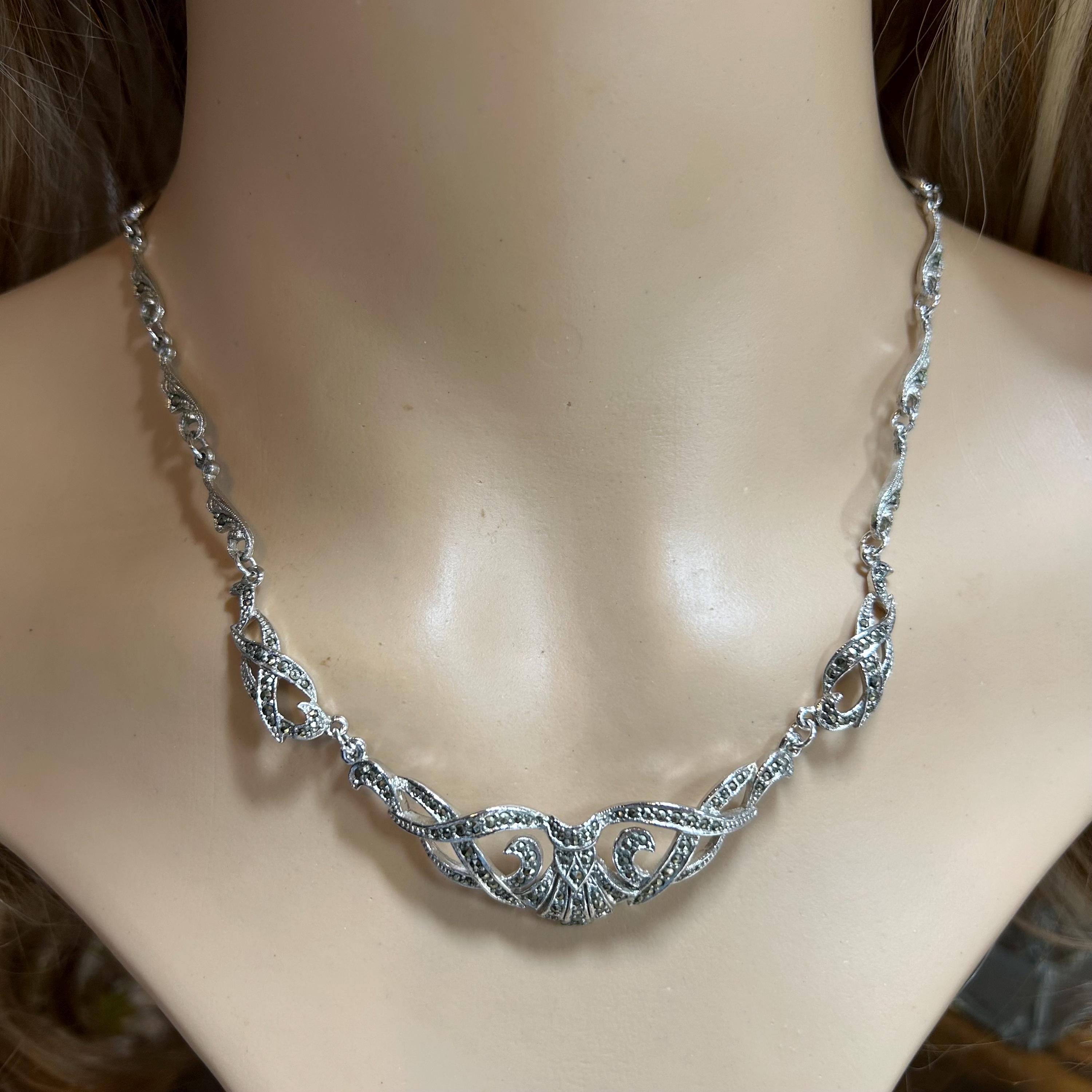 Collier Ras Du Cou Art Déco En Argent 925 - Serti De Marcassites Et Rubis - Bijou Occasion Vintage