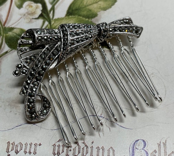 Hair Bow, Vintage Marcasite Hair Comb, Up Cycled … - image 5