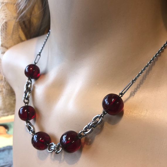 Vintage 1930's Necklace, Red Necklace, Deco Red Ne
