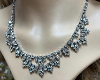 Vintage Clear Crystal Swag Necklace, Silver Tone Bridal Jewellery