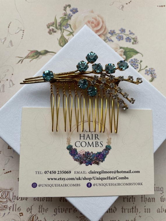 Vintage Blue Diamanté Hair Comb: 1950s Brooch Hair Accessory  display picture 1
