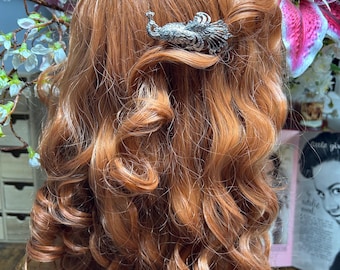 Vintage Peacock Hair Comb, Silver Tone Bird Brooch, Upcycled Wedding Accessory (Imperfect)
