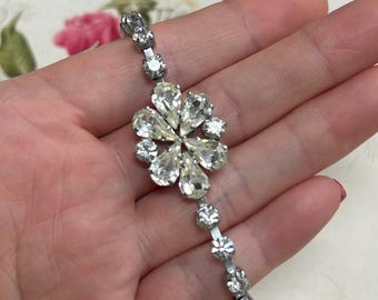 Vintage Crystal Flower Bracelet, Silver Tone Bridal Jewelry