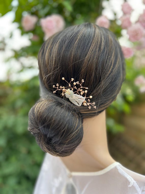 Vintage Mother of Pearl Dove Hair Comb, Rose Gold Bead  display picture 3