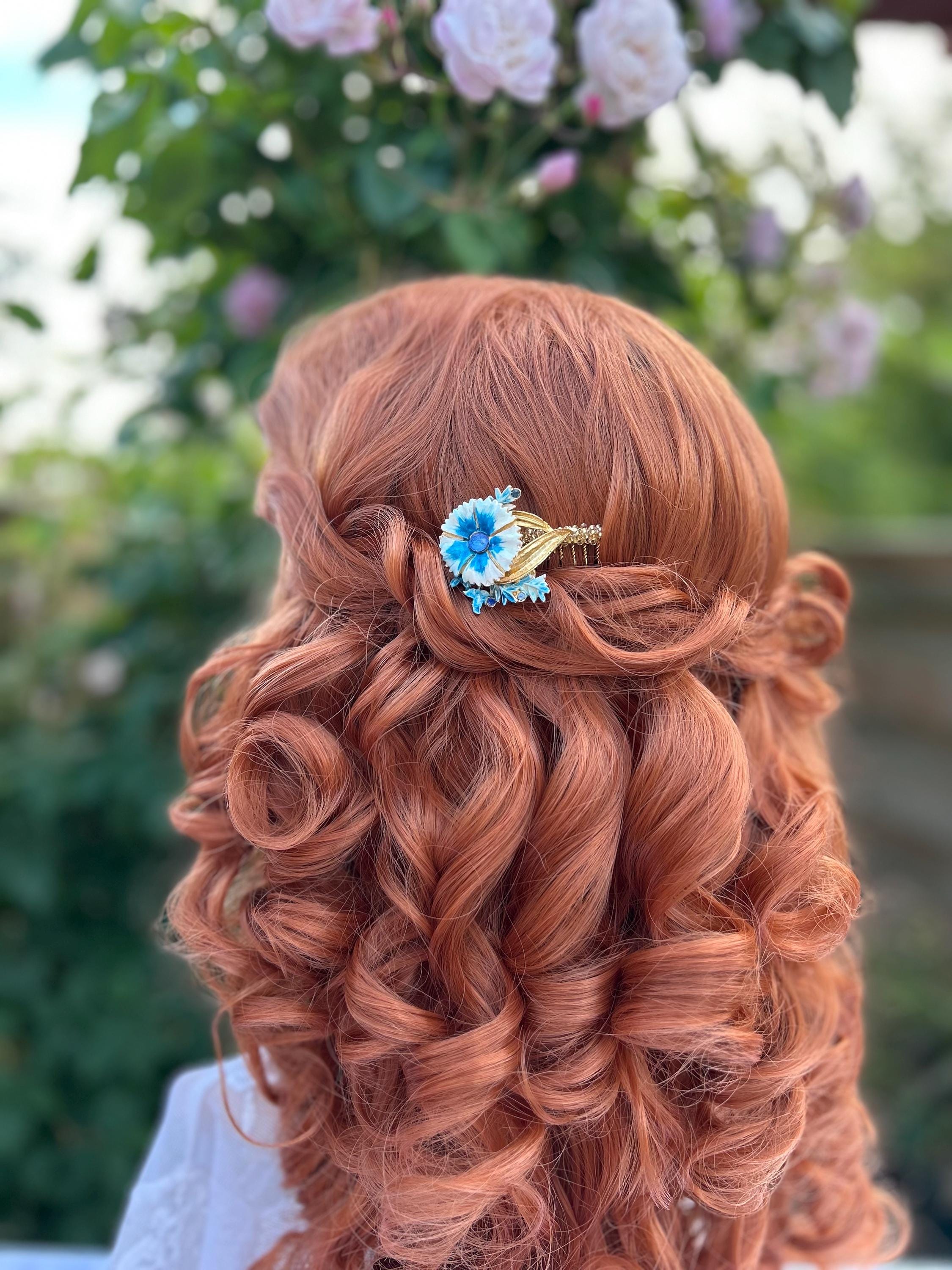 Vintage Blue Floral Hair Comb: 1950s Enamel Flower, Gold  display picture 1