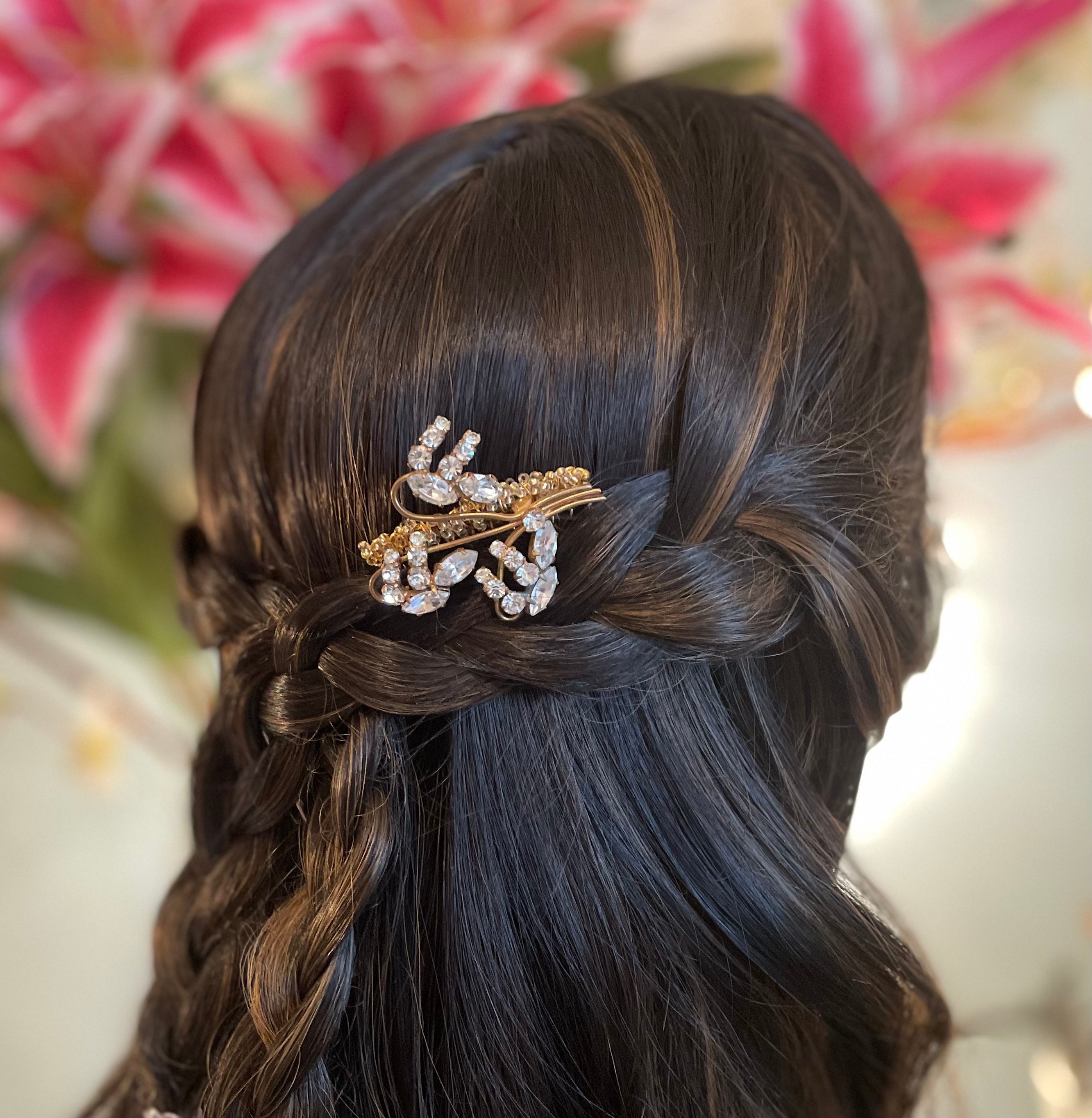 Vintage Gold & Clear Crystal Flower Hair Comb, up Cycled  display picture 2
