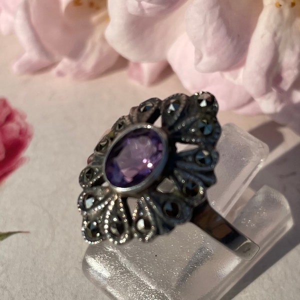 Large Size Sterling Silver Amethyst & Marcasite Ring. UK Size S1/2 US size 9.5