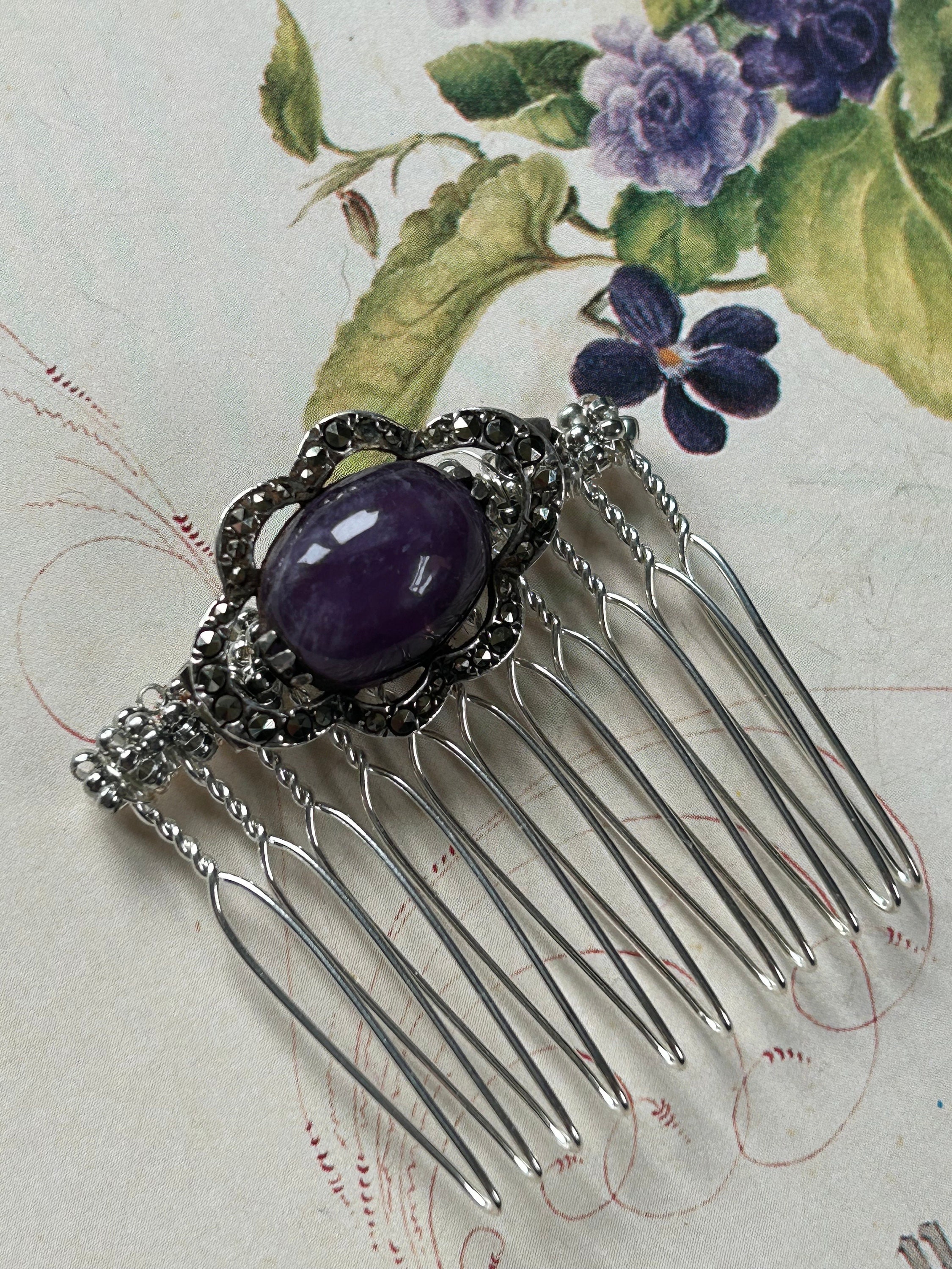 Antique Sterling & Amethyst Hair Comb (A10127) Sterling Silver Stamped Hair Comb – Sorrel Sky Gallery main image 3