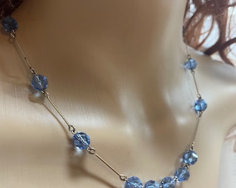 Vintage 1930’s Blue Crystal Necklace With Rolled Gold Wire Bars
