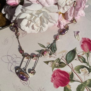 Vintage Foil Glass Bead Drop Necklace With Rolled Gold Wires, 1930s Pink Necklace, Gift For Her