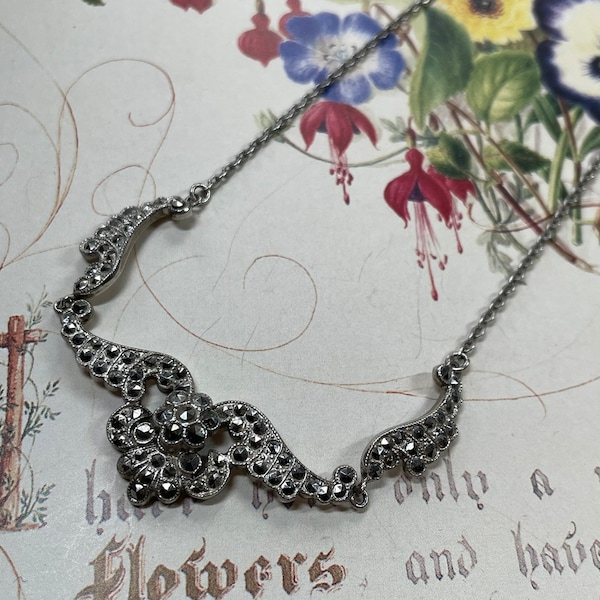 Vintage Marcasite Necklace, Vintage Flower Necklace, Floral Marcasite Necklace, Silver Tone Flower Necklace, Vintage Bridal Necklace,