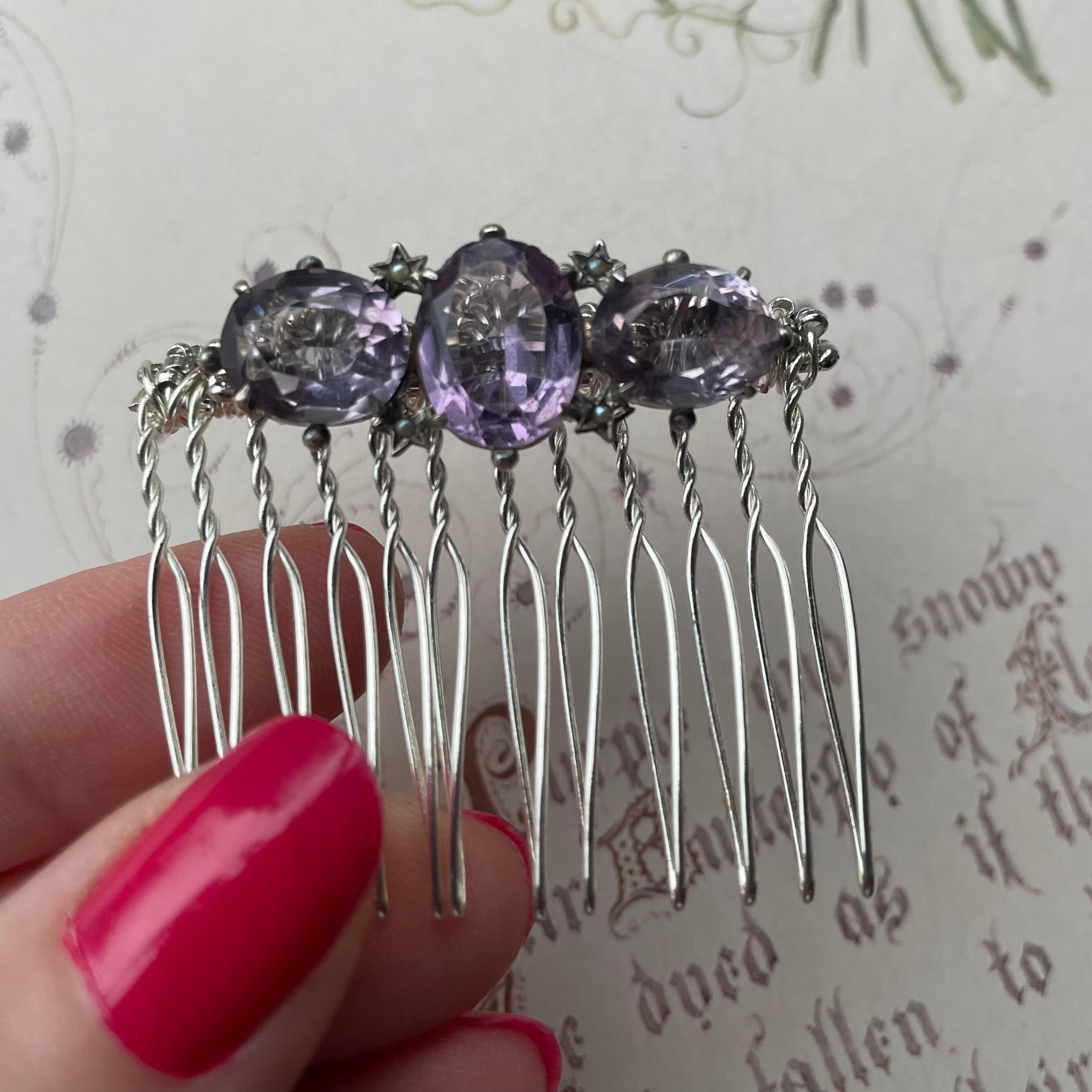 Amethyst Glass Hair Comb: Antique Silver Brooch, Upcycled  display picture 3