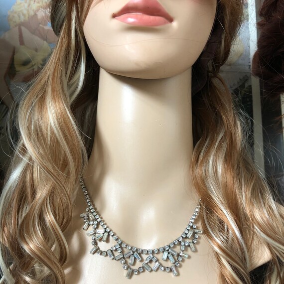 Vintage Silver & Clear Crystal Collar Necklace-15… - image 2