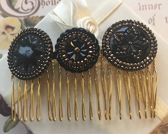 Black & Gold Bridal Hair Comb, Gothic Wedding Hair Accessories For An Alternative Bride. Upcycled Antique Headpiece Handmade In The UK.