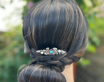 Turquoise & Pearl Hair Comb, Art Nouveau Sterling Silver Wedding Hair Accessory