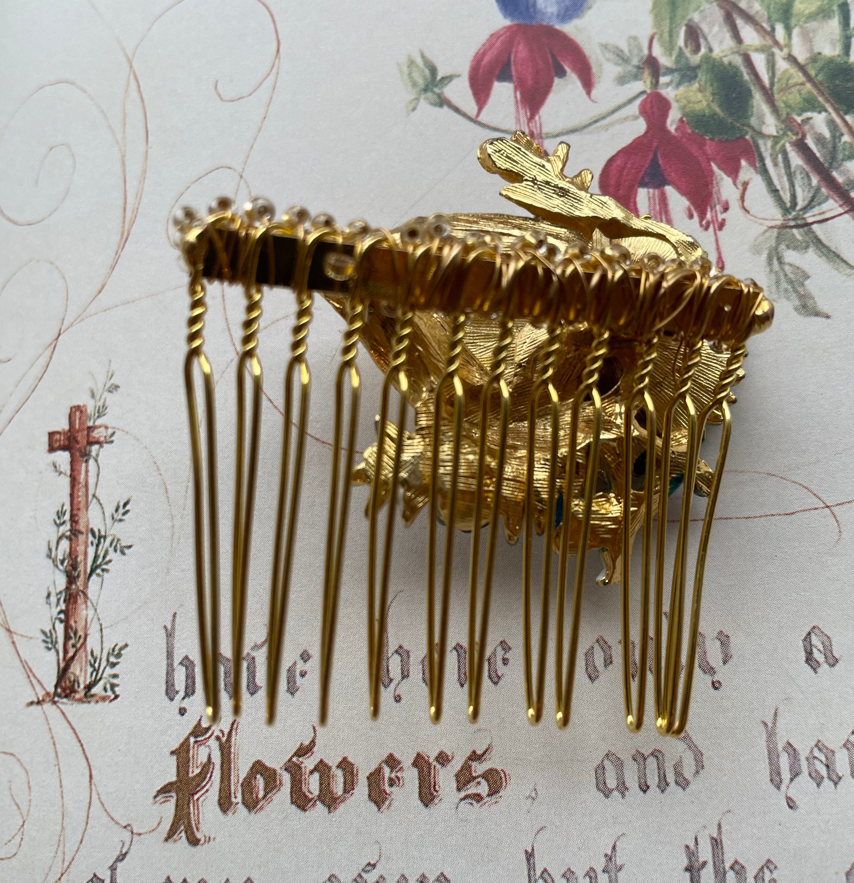 Vintage 1950\'s Brass and Guilded Enamel Comb with Handpainted Florals Vintage Blue Floral Hair Comb: 1950s Enamel Flower, Gold  main image 2