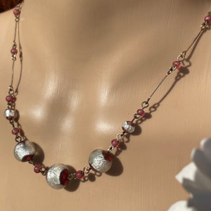 Vintage 1930’s Pink & Silver Foil Glass Bead Necklace With Rolled Gold Wires 16 1/2  inches/ 42cm