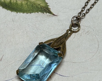Vintage Blue Crystal Pendant Necklace, 1960s Gold Tone Chain