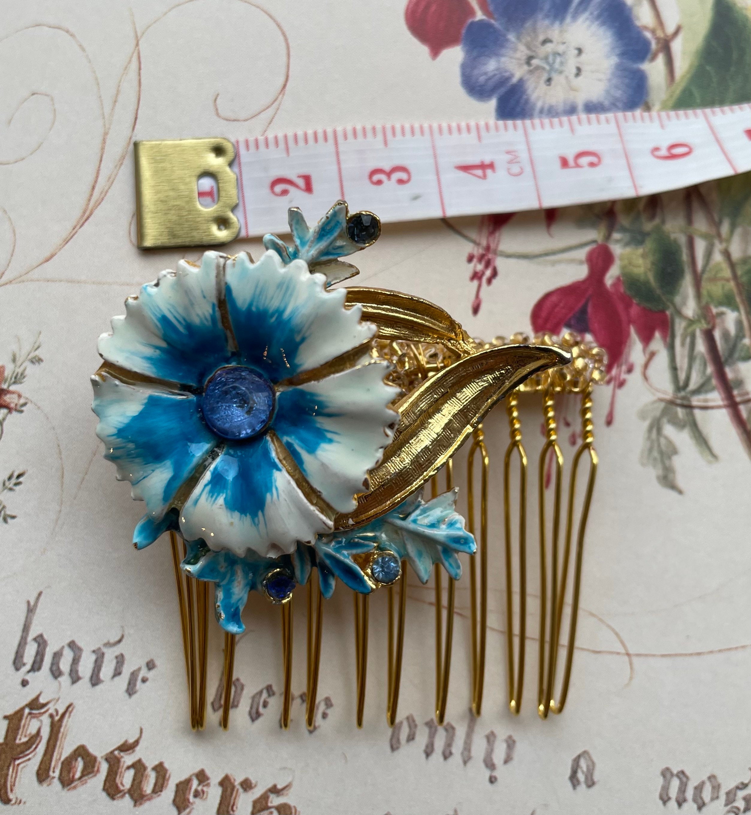 Vintage Blue Floral Hair Comb: 1950s Enamel Flower, Gold 