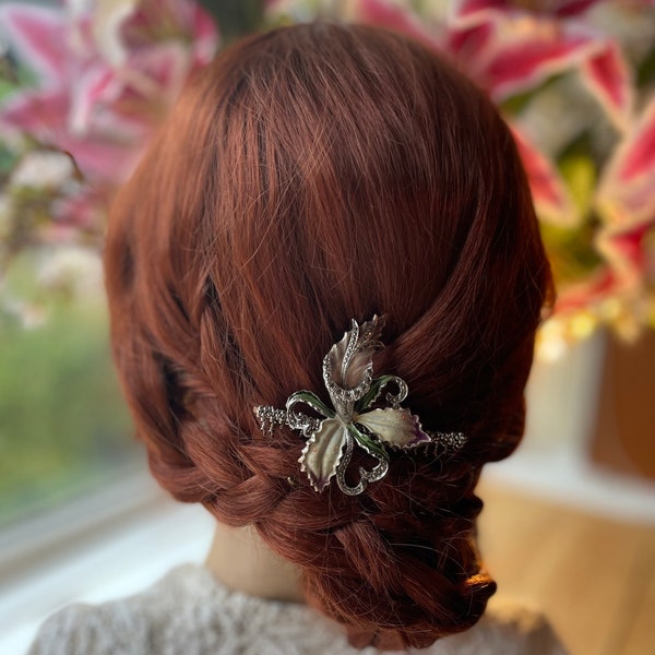 Vintage Floral Orchid Enamel Hair Comb, Up Cycled Flower Bridal Hair Accessory