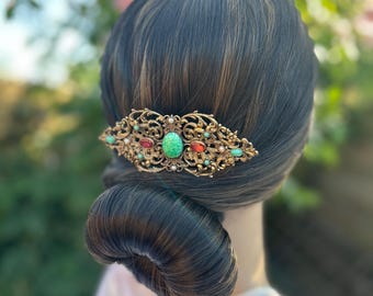 Vintage Czech Bridal Hair Comb, Simulated Jade, Turquoise, Pearl, Garnet