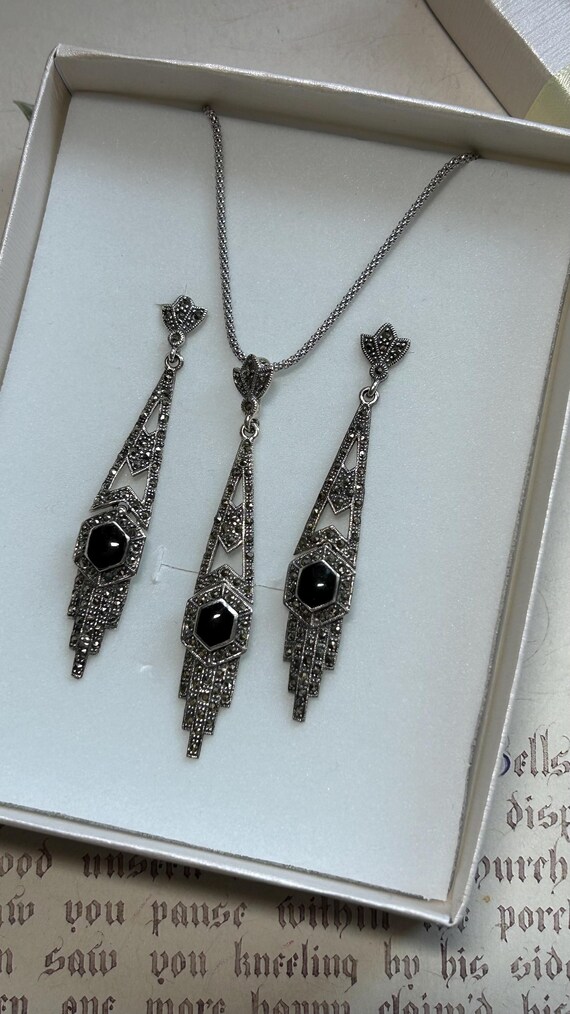 Art Deco Style Necklace Earring Set Black Onyx and Marcasite Necklace Set Sterling Silver and Onyx Jewellery Set Gift for Her. Etsy