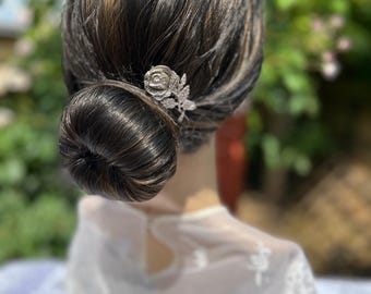 Vintage Marcasite Rose Hair Comb: Upcycled Silver Wedding Headpiece