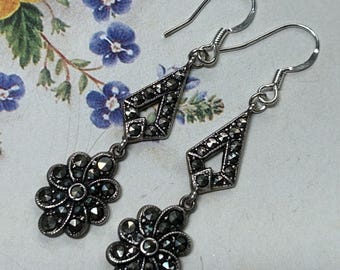 Vintage Marcasite Sterling Silver Floral Dangle Earrings