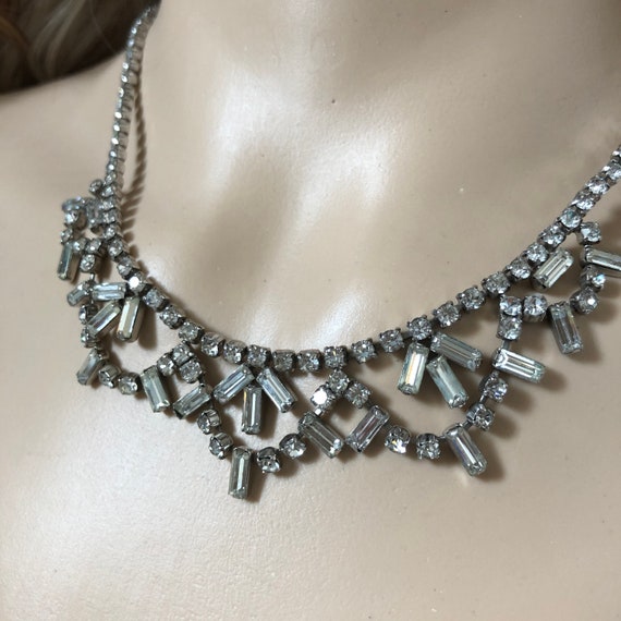 Vintage Silver & Clear Crystal Collar Necklace-15… - image 1