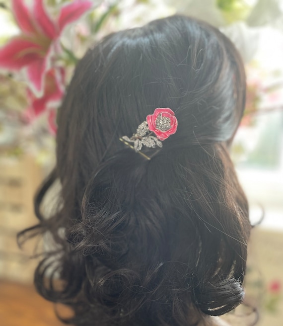 Small Pink Rose Hair Comb, Vintage Bridal Marcasit