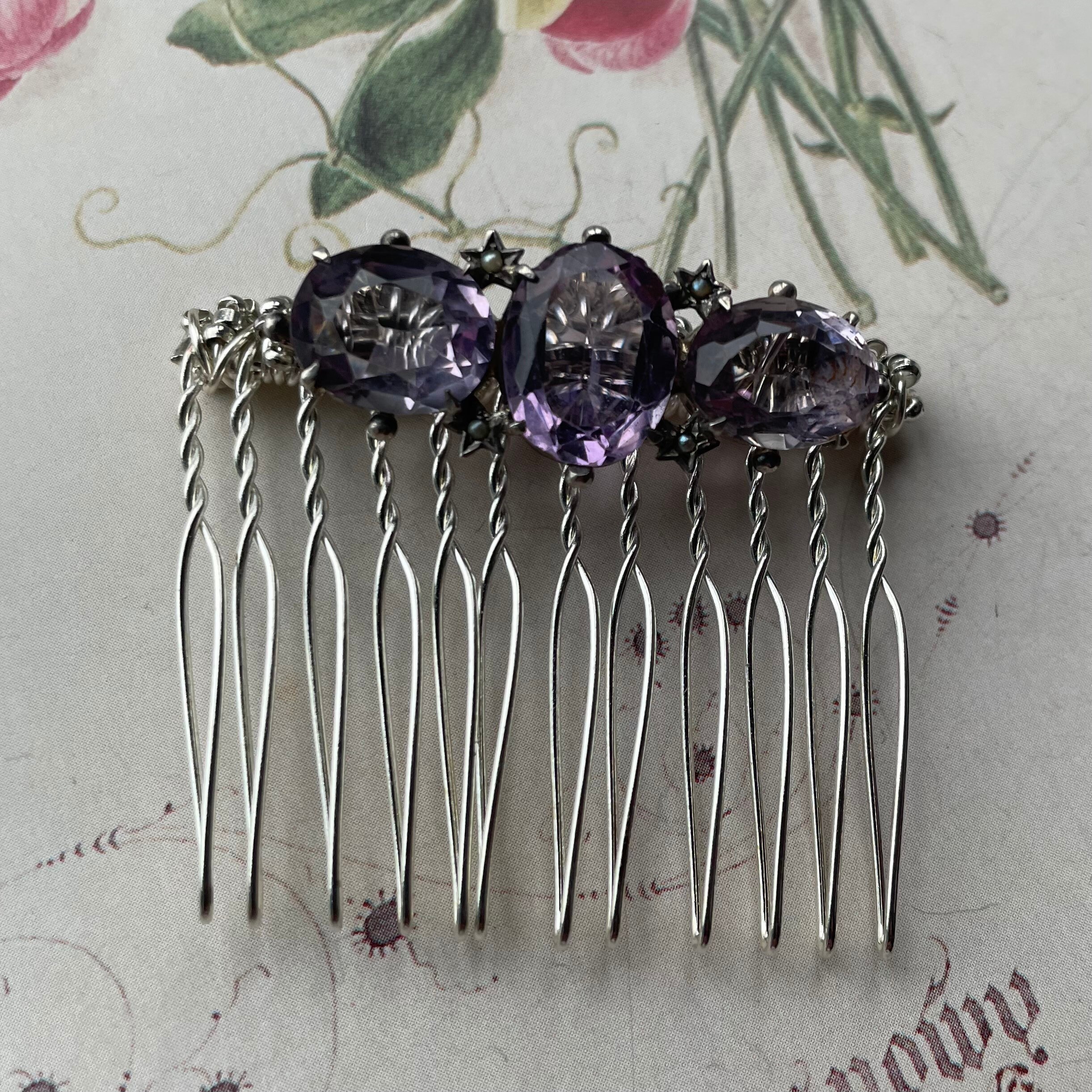 Amethyst Glass Hair Comb: Antique Silver Brooch, Upcycled  display picture 1