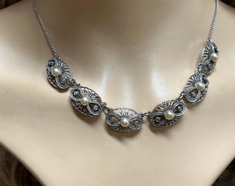 Vintage Art Deco Simulated Pearl & Marcasite Necklace, Silver Tone Bridal Jewelry