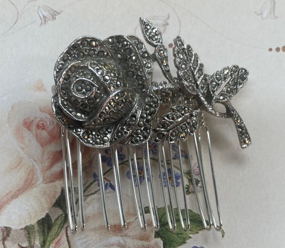 Vintage Marcasite Bridal Hair Comb, Small Silver … - image 9