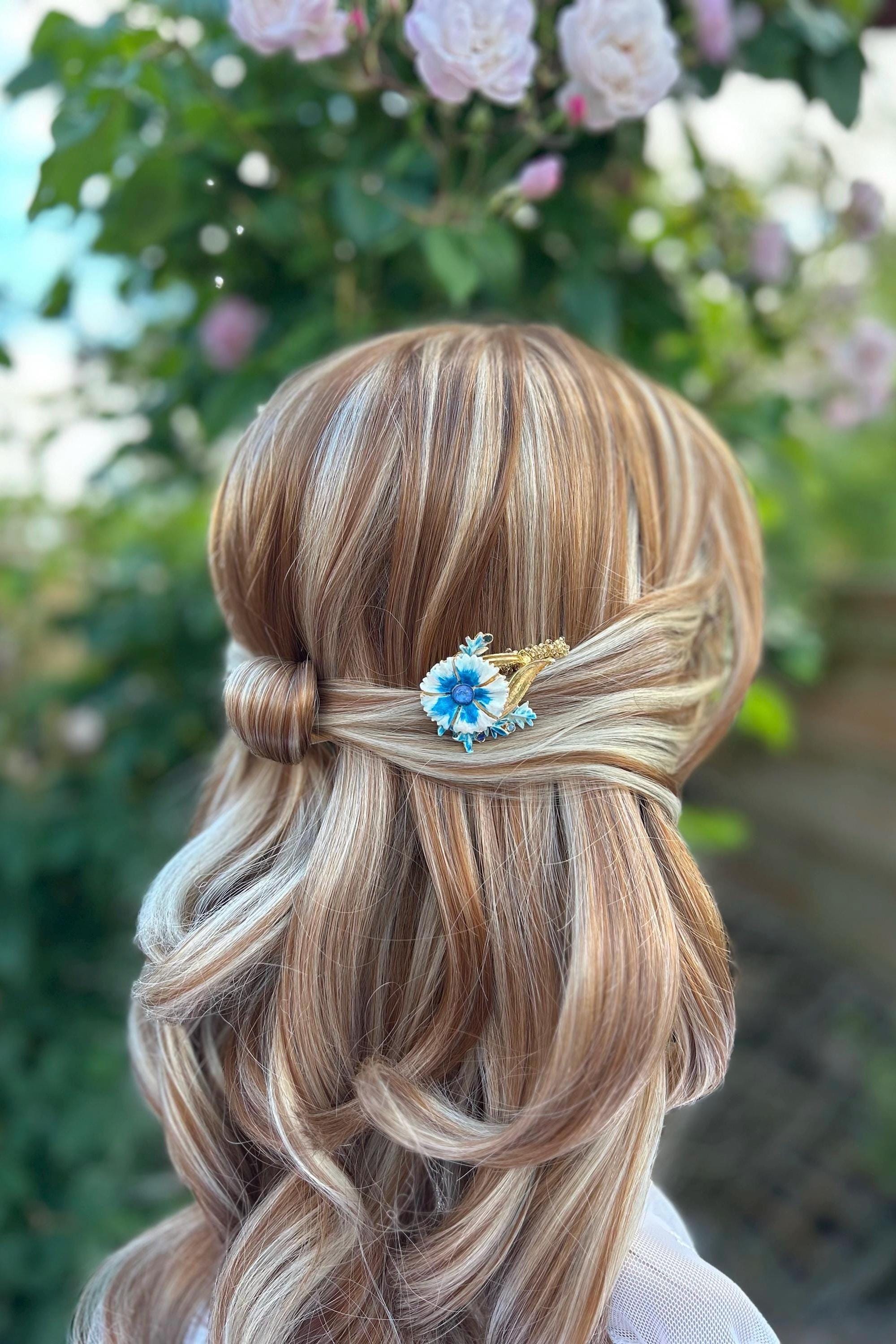 Vintage Blue Floral Hair Comb: 1950s Enamel Flower, Gold 