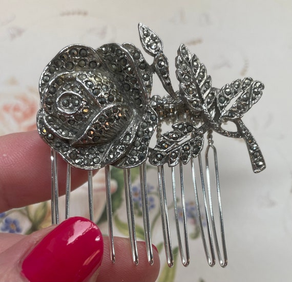 Vintage Marcasite Bridal Hair Comb, Small Silver … - image 2