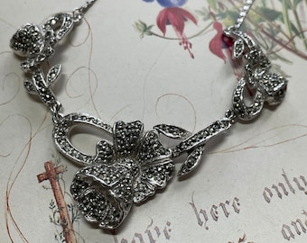 Vintage Sphinx Marcasite Flower Necklace, 1950s Silver Tone Floral Jewelry
