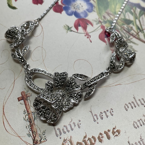 collier de marcassite vintage, collier de fleurs vintage, collier de marcassite florale, collier de fleurs de ton argent, collier de mariée vintage, Sphinx